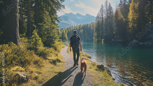Person walking a dog in a picturesque mountain trail