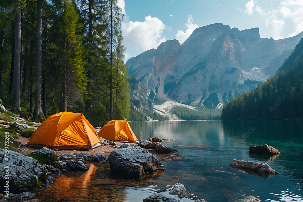 camping , resting in tents near a lake , nature background