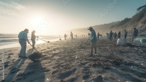 People working together to clean up the beach. Can be used to promote environmental awareness and community involvement.