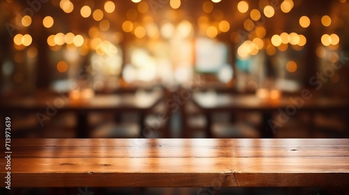 Wooden table blurred background of restaurant photo