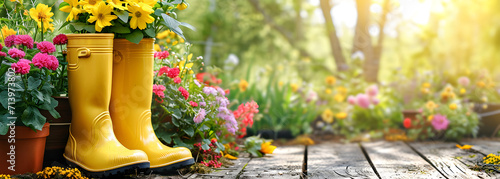 Gardening background with flowerpots, yellow boots in sunny spring or summer garden photo
