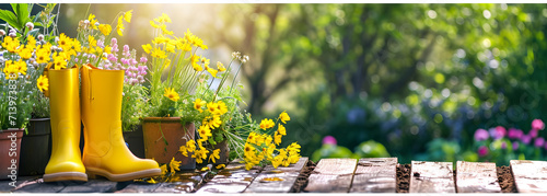 Gardening background with flowerpots, yellow boots in sunny spring or summer garden photo