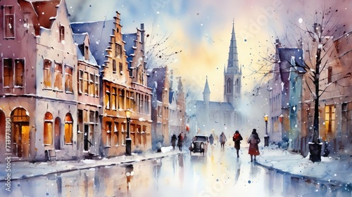 Watercolor painting of a winter street in the old photo