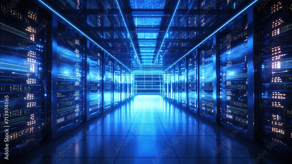 Network server with glowing blue light at data center room. Cloud computing, hardware system connection and database center business web. Generative AI Network server with glowing blue light at data center room. Cloud computing, hardware system connection and database center business web. Generative AI