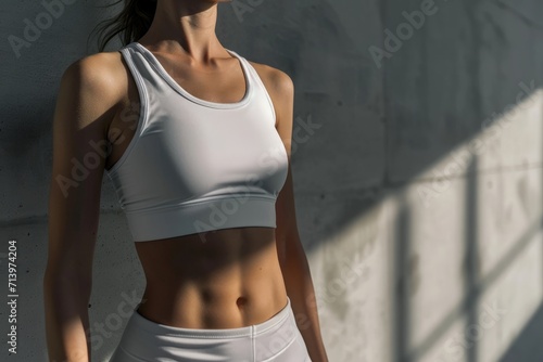 Active Wellness Concept image with copy space:  Slim Woman's Body in Sportswear, Symbolizing Fitness, Well-being, and an Active Lifestyle with a Mind and Body in Perfect Harmony.