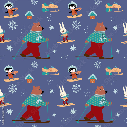 Seamless pattern with animals engaged in winter sports