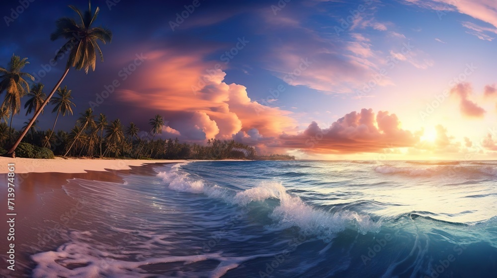 Tropical beach panorama view with foam waves