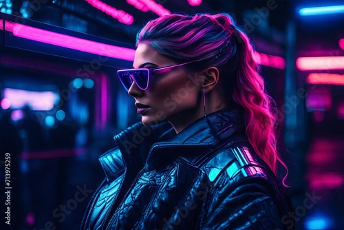 Vibrant Pink-Haired Individual in Neon-Lit Urban Setting Wearing Black Leather Jacket