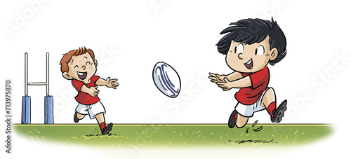 Children playing rugby passing the ball and tackling photo