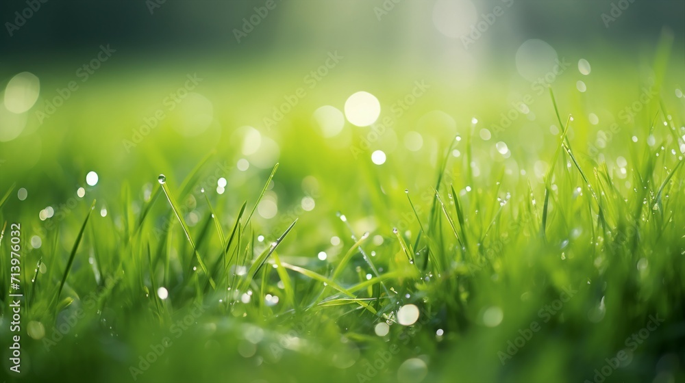 Macro Image of Fresh Green Grass with Morning Dew in Serene Forest - Beautiful Summer Nature Background with Isolated Copy-Space for Promotional Content.