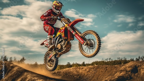 jumping mountain motocross race biker in action. photo