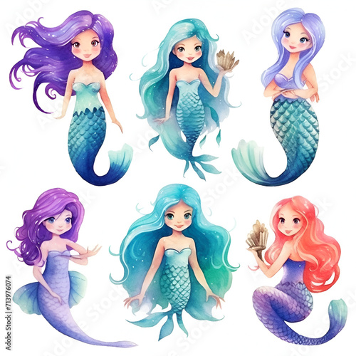 Beautiful Mermaid Watercolor Clipart, Cute Design for Your Project, Ai Generative