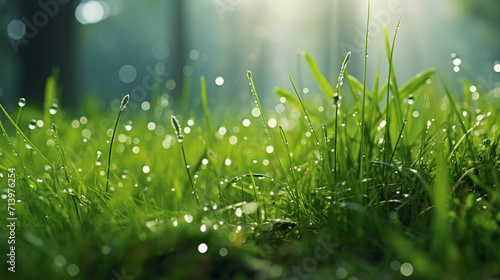 Macro Image of Fresh Green Grass with Morning Dew in Serene Forest - Beautiful Summer Nature Background with Isolated Copy-Space for Promotional Content. © Sunanta