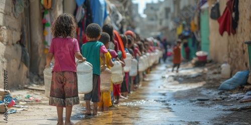 Children from Palestine wait in line for water to drink Fototapet