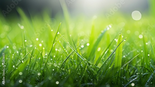 Macro Image of Fresh Green Grass with Morning Dew in Serene Forest - Beautiful Summer Nature Background with Isolated Copy-Space for Promotional Content.