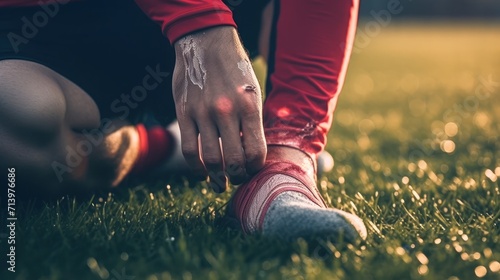 Injury, sports and hand of a man on foot pain, soccer emergency and accident while training. Fitness, problem and an athlete or football player with inflammation or a swollen muscle on the field. photo