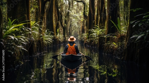 Canoeing the Amazon: A Man Explores the Untamed Beauty of the Rainforest, Paddling a Traditional Canoe Along a Jungle River, Embracing the Adventure in South America's Heart.
