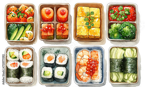 watercolor stickers japanese bento lunch box white background