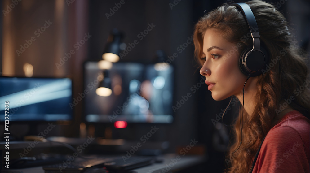 Side view of A young woman with a podcast on moniter Side view of A young woman with a podcast on moniter