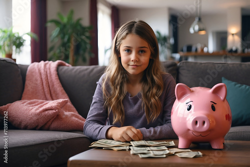 girl smailing save money on piggy bank in living room