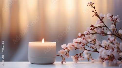 scented candle on a white table with vases on a modern minimalist background, ai generated photo