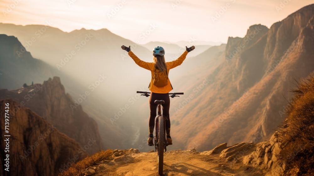 Happy woman with open arms on bike high in mountains. Travel summer lifestyle. - obrazy, fototapety, plakaty 