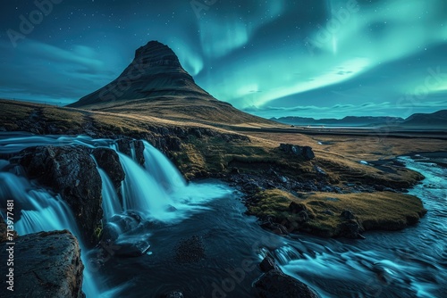 Aurora Borealis over Kirkjufellsfoss Waterfall and Kirkjufell mountain in Iceland, northen Lights