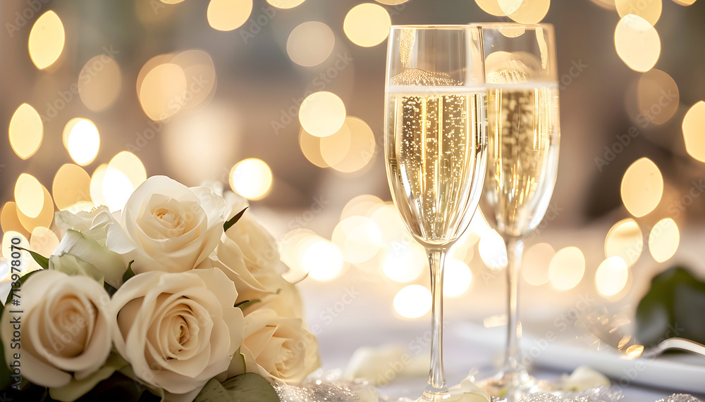 champagne flutes and white roses on white holiday table decor with bokeh sunny day white nature background soft light champagne flutes and white roses on white holiday table decor with bokeh sunny day white nature background soft light