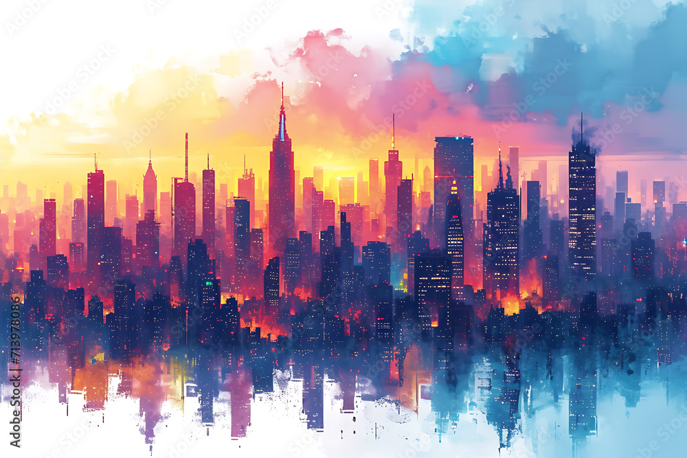 Colorful city skyline. Urban panoramic silhouette.  horizontal banner of cityscape in overlay style.