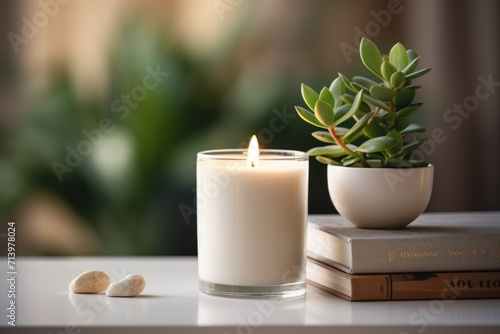 scented candle on a white table with vases on a modern minimalist background, ai generated