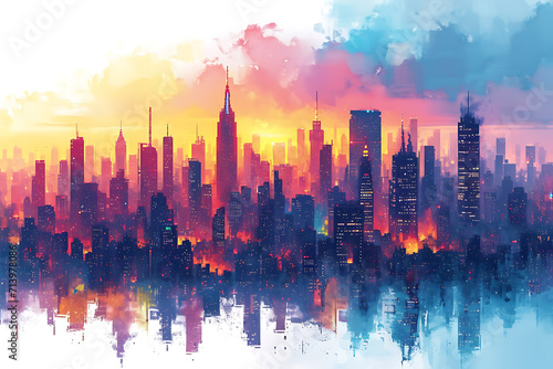 Colorful city skyline. Urban panoramic silhouette.  horizontal banner of cityscape in overlay style.