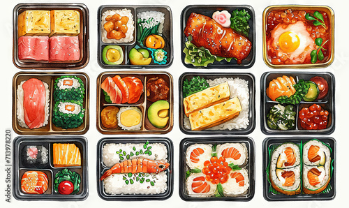 watercolor stickers japanese bento lunch box white background