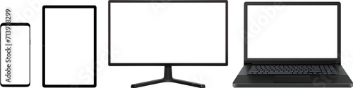 Monitor, smartphone, tablet and laptop device screen mockup isolated on white.