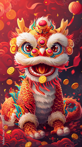 Colourful Chinese Lion Dance Cartoon Illustration. Illustration of a whimsical, cartoon-styled Chinese lion dance in vibrant colors.