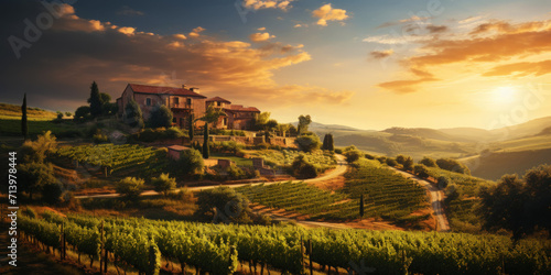 Vineyard landscape with an old winery building on a hill in a sunset sun rays. Rows of grapes. Generative AI © AngrySun