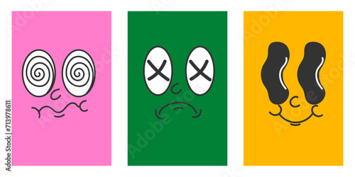 Set of retro cute emotions. 30s and 60s. Face. Cute character. Cartoon.
