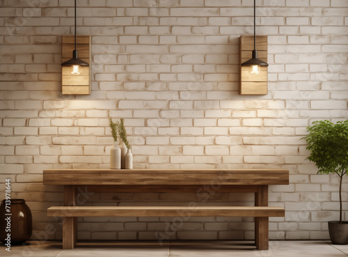 Rustic interior with vintage brick wall dimly lit bar and industrial elements, Empty concrete wall, Many pendant lamps against red brick wall, Product Presentation, Brick wall, Generative AI