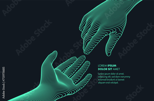 Hands reaching towards each other. Concept of human relation, togetherness or  partnership. 3D vector illustration. Can be used for advertising, marketing or presentation.