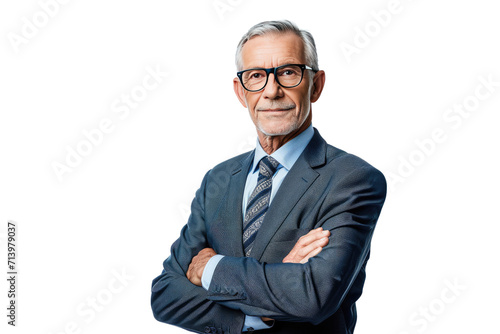 Portrait studio shot of an attractive, healthy senior man smiling relaxedly isolated on transparent png background. 