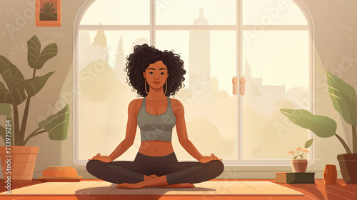 Young multiracial woman doing yoga at home following online tutorial lesson. Bhujangasana, cobra pose.