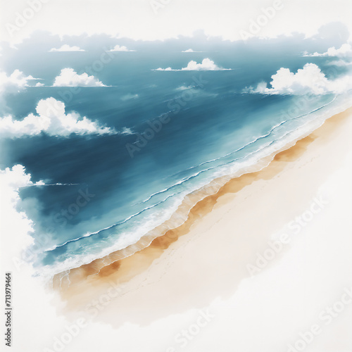 A watercolor illustration of an aerial view of a beach with sand and water, blue skies with white clouds.