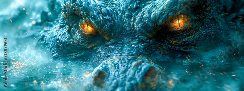 A close-up view of a fantasy sea monster, with intricate blue scales and intense orange eyes, emerging from the water.
