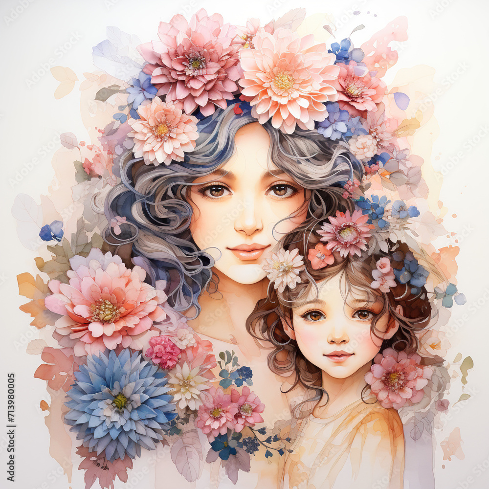 mother daughter love bonding covered in flowers , happy mothers day card, women day