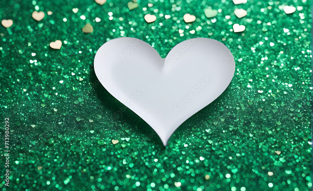A small white heart on a sparkling soft green background. Generative AI