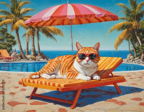 A cat in sunglasses sunbathes on a sun lounger. Picture in the style of Ron English