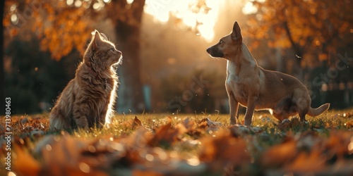 In the park, a dog and a cat play. Generative Ai.