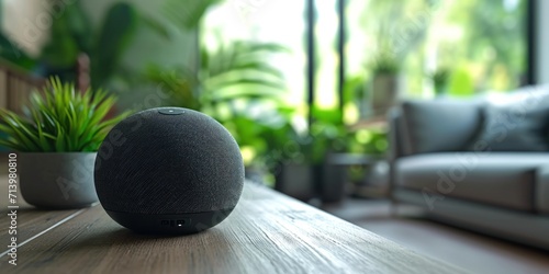 An close-up of a clever wireless portable speaker. Generative Ai. photo