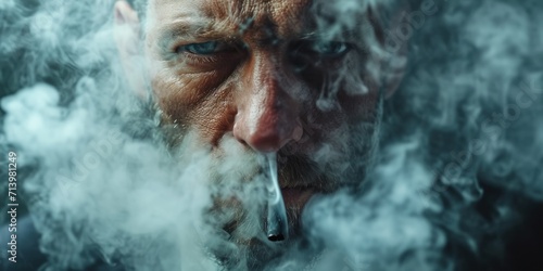 A businessman, close-up of his face, lips smoking. Generative Ai. © Planum