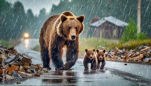 A Brown Bear with her cubs are walking on an asphalt road while it's raining, with only collapsed buildings around them. Coexistence between wild nature and human beings.