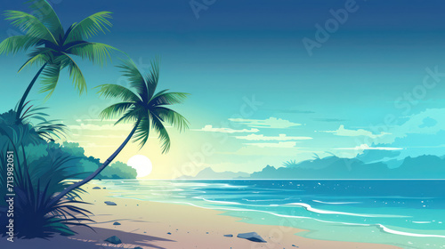 tropical sunset on the background of beach palms and ocean waves  in hand drawn flat illustration style  tropical landscape